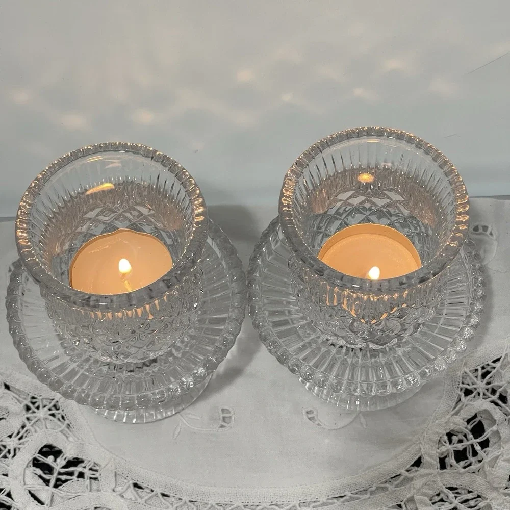 Vintage 90s PartyLite Williamsburg P7654 Votive Candle Holder Pair Lead Crystal - Picture 2 of 13